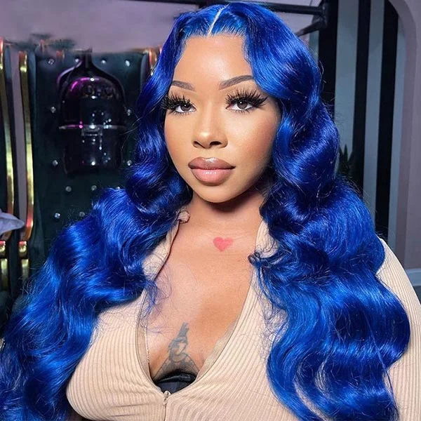 Colored wig with a natural - looking root for a more realistic lookJunoda Blue Color Body Wave 4x4 13x4 Lace Front Wigs Pre Plucked Natural Hairline