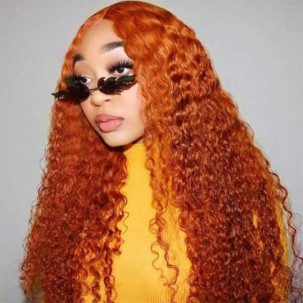 Colored wig with a wavy texture for a beachy and fun lookJunoda Ginger Orange Color Hair Kinky Curly Colored Human Hair Lace Front Wig