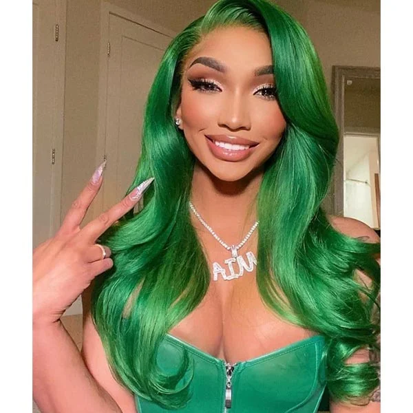 Colored wig with a straight texture for a sleek and minimalist lookJunoda Green Body Wave Wig 4x4 13x4 Transparent Lace Wig 180% High Density Full & Thick