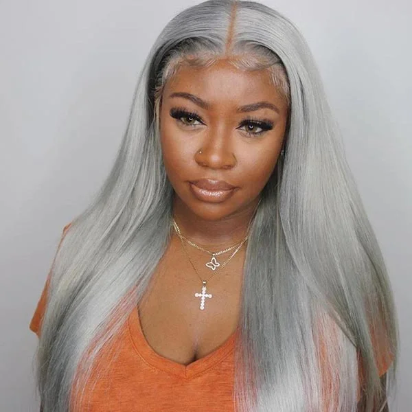 Colored wig with a pre - plucked hairline for a more natural lookJunoda Grey Human Hair Wig From Short to Long Straight Sliver Grey Lace Front Wig