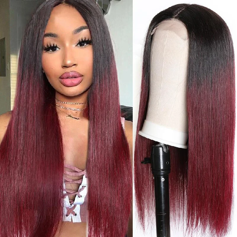 Colored wig with a silk - base cap for a comfortable and smooth feelJunoda Hair 1B/99J Burgundy Red Dark Roots Straight Hair Lace Closure Wig