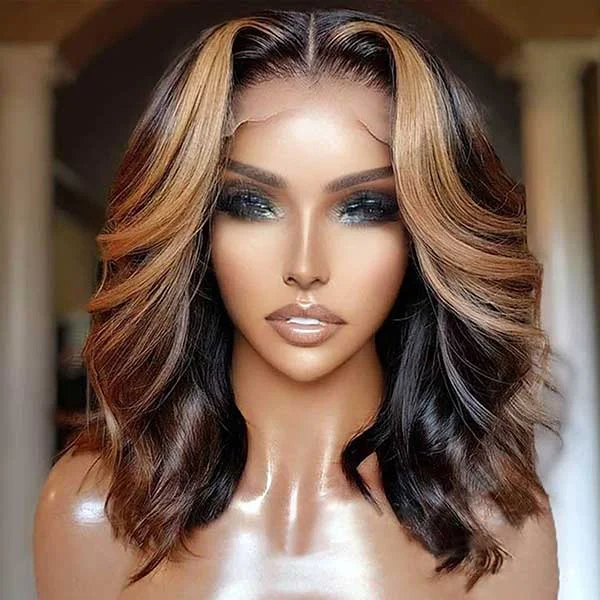 Colored wig with a 150 - density for a full and thick appearanceJunoda Highlight Body Wave Human Hair Wavy Short Bob Wigs Honey Blonde Brown Balayage Color