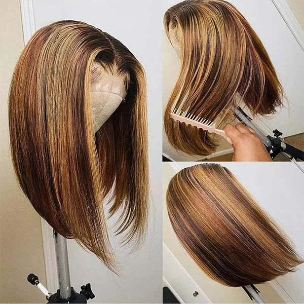 Colored wig with a side - swept bang for a sophisticated lookJunoda Highlight Honey Blonde on Brown Hair P4/27 4x4 13x4 Lace Straight Bob Wig