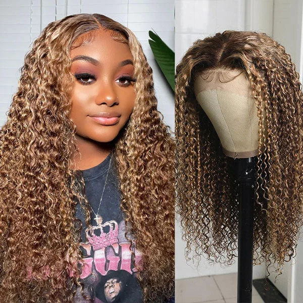 Adjustable - cap colored wig for a comfortable fitJunoda Highlight Kinky Curly Lace Frontal Human Hair Wigs Flash Deal