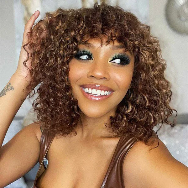 Synthetic colored wig with a heat - resistant formula for easy stylingJunoda Highlight Short Curly Bob Wig with Bangs Mix Brown Color Ombre Glueless Human Hair Wigs