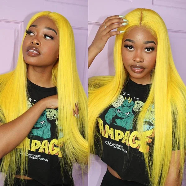 Colored wig with a middle - part for a classic and elegant styleJunoda Long Fluorescent Yellow Lace Front Wig Colored Straight Human Hair Wigs for Sale