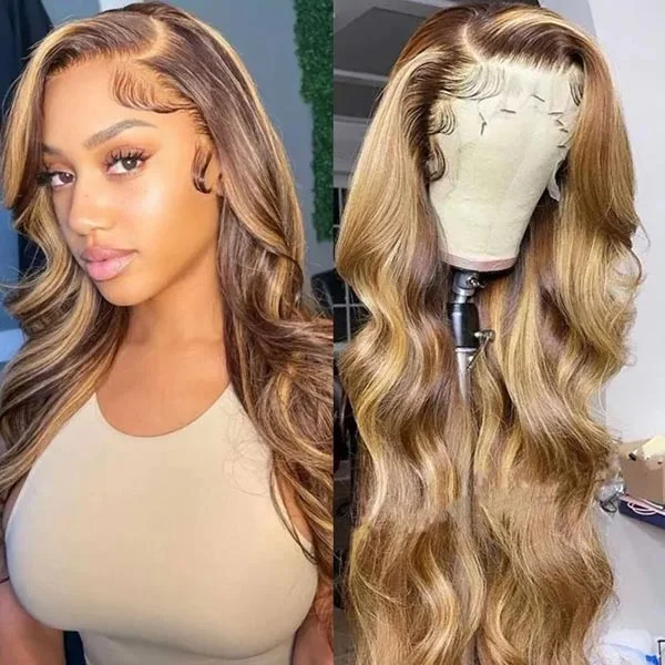 Synthetic colored wig with a heat - resistant formula for easy stylingJunoda Money Piece TL4/12 Body Wave Colored Human Hair Wigs Highlight Lace Front Wig