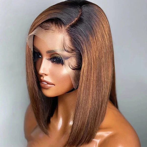 Colored wig with a middle - part for a classic and elegant styleJunoda Ombre T1B/30 Straight Short Bob Wig Black Ginger Brown Colored Human Hair Lace Wig