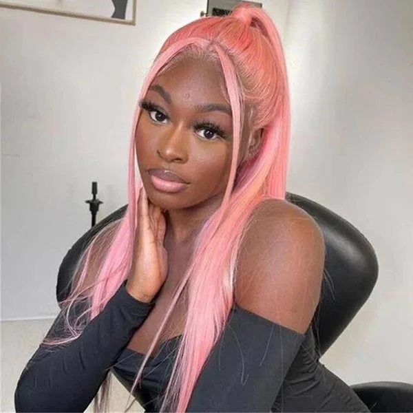 Colored wig with a 150 - density for a full and thick appearanceJunoda Pink Straight Lace Front Wig High Quality Colorful Human Hair Wigs