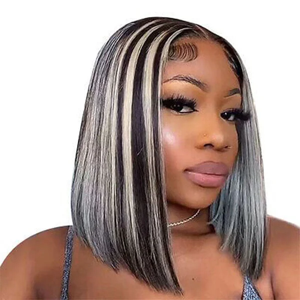 Colored wig with a side - swept bang for a sophisticated lookJunoda Platinum Blonde Highlight Grey Straight Short Bob Wigs Piano Color Human Hair Wig