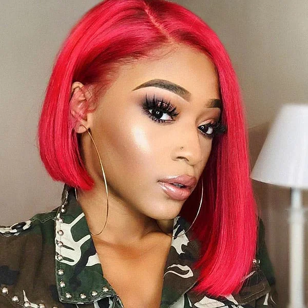 Adjustable - cap colored wig for a comfortable fitJunoda Red Bob Style Wigs 4x4 13x4 Lace Front Colored Short Human Hair Wig on Dark Skin