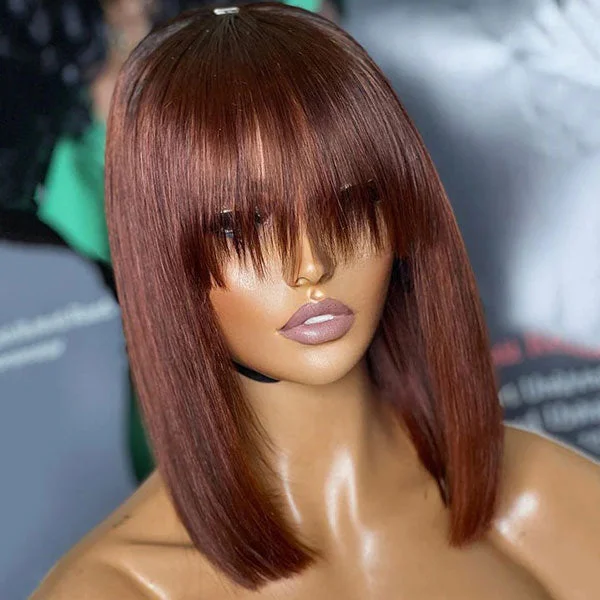 Colored wig with a middle - part for a classic and elegant styleJunoda Reddish Brown Straight Bob Wig with Bangs Auburn Color Glueless Human Hair Wig with Fringe