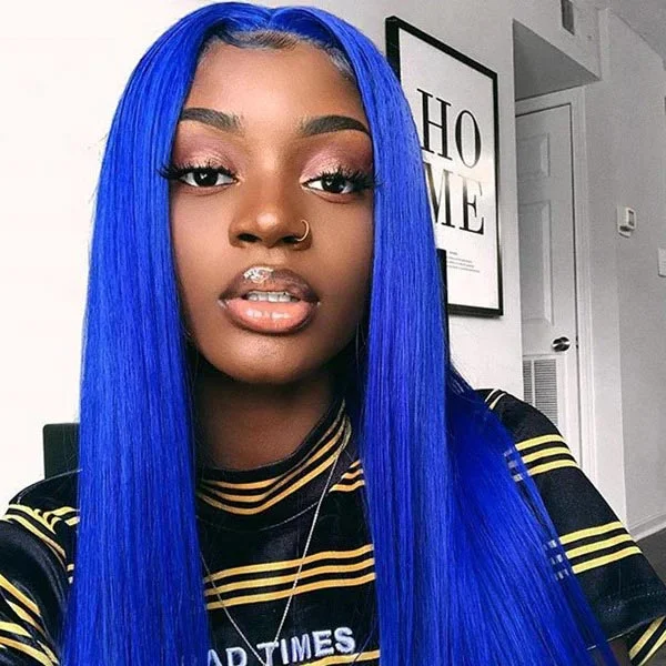 Human - hair colored wig for a natural and luxurious feelJunoda Royal Blue Straight Wig Colored Human Hair Wigs Glueless Chic Hairstyles for Women