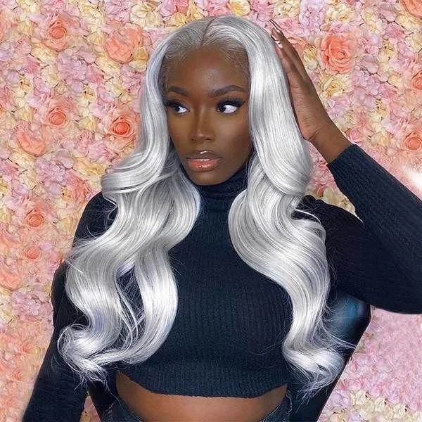 Colored wig with a curly texture for a bold and stylish choiceJunoda Silver Grey Body Wave Wig 4x4 13x4 Lace Front Wig Colored Human Hair Wigs for Women