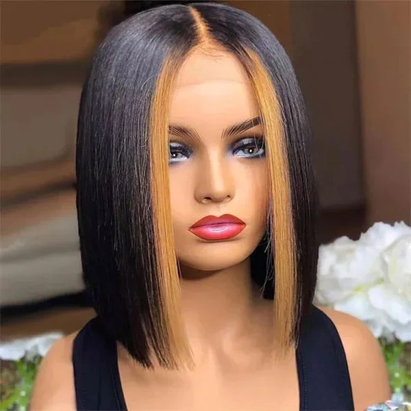 Colored wig with a natural - looking root for a more realistic lookJunoda Skunk Stripe Highlight Honey Brown Ombre Straight Short Bob Human Hair Wigs