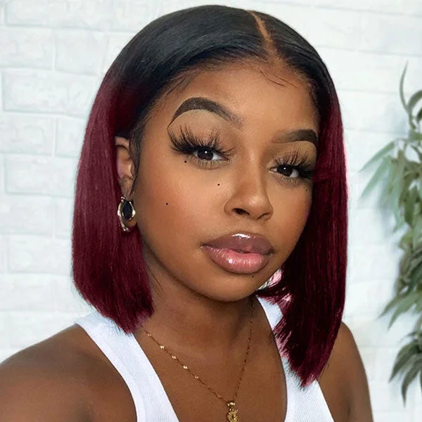 Colored wig with a natural - looking root for a more realistic lookJunoda T1B/99J Ombre Human Hair Bob Wig Dark Roots Burgundy Red Straight Lace Wig