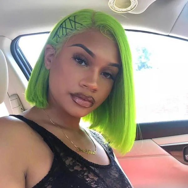 Colored wig with a red - orange hue for a warm and energetic lookJunoda TikTok Lime Green Color Straight Short Bob Wigs Real Human Hair Lace Front Wig