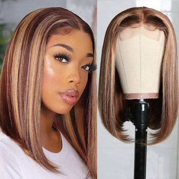 Colored wig with a silk - base cap for a comfortable and smooth feelJunoda TL4/12 Highlight Straight Short Bob Wigs 10-14inch Brown Balayage Colored Human Hair Wigs