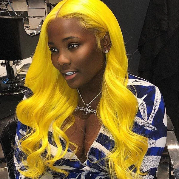 Colored wig with a wispy fringe for a soft and feminine lookJunoda Yellow Body Wave Colored Fashion Human Hair Wigs 4x4 13x4 Transparent Lace Front Wig