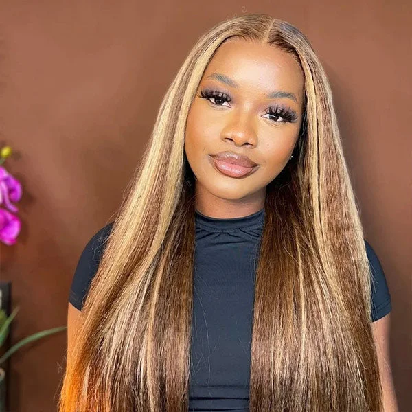 Colored wig with a silk - base cap for a comfortable and smooth feelMslynn Wear Go Glueless Pre Cut 5x5 Lace Wigs Kinky Straight 4/27 Honey Blonde Highlight Wig