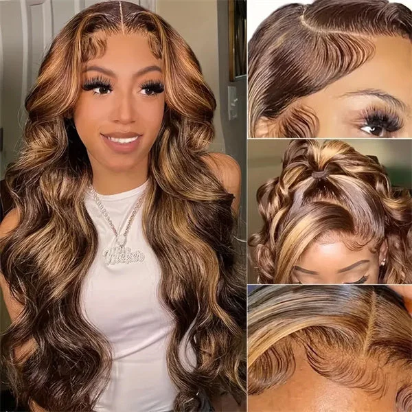 Colored wig with a 150 - density for a full and thick appearanceHairsmarket Honey Blonde Highlight Glueless Wigs Body Wave 4x4 Lace Closure Wigs Balayage Highlight Human Hair Wigs