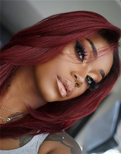 Colored wig with a middle - part for a classic and elegant styleLaurasia - Human Hair Burgundy Ombre Sexy Lace Front Wig - LFW029