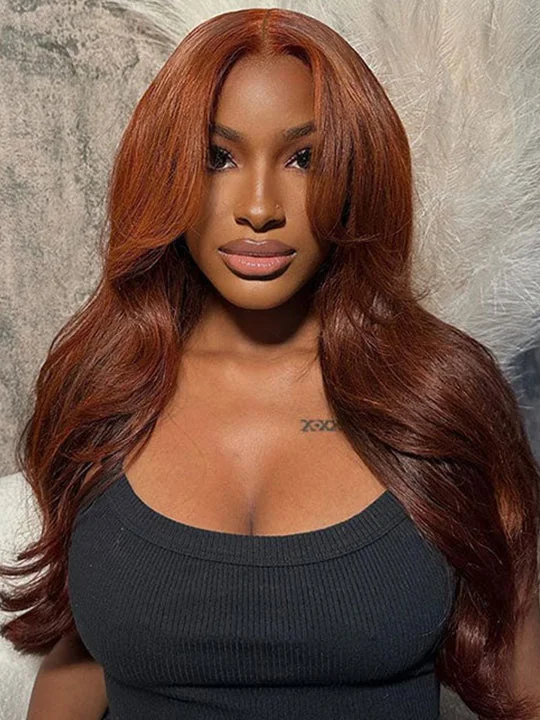 Colored wig with a straight texture for a sleek and minimalist lookLayered Reddish Brown Wig With Curtain Bangs 3D Body Wave 5x5 13x4 Lace Front Wigs