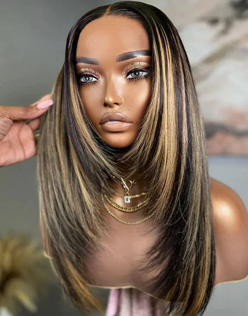 Colored wig with a red - orange hue for a warm and energetic lookLayered Cut Highlight Honey Straight 13x5 Pre Cut Lace Front Wigs With Black Roots