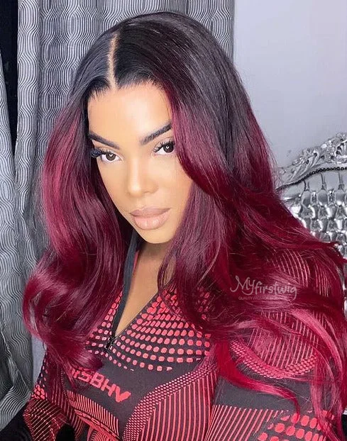 Colored wig with a side - swept bang for a sophisticated lookLILVANILLA - MALAYSIAN HUMAN HAIR OMBRE BURGUNDY WAVY LACE FRONT WIG - LIL003