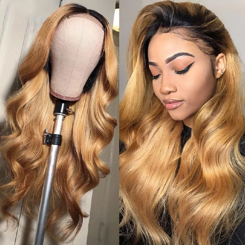 Colored wig with a blue - green ombre effect for a unique and trendy appearanceLumiere 1B/27 Ombre Body Wave 4x4/5x5/13x4 Lace Closure/Frontal 150%/180% Density Wigs For Women Pre Plucked