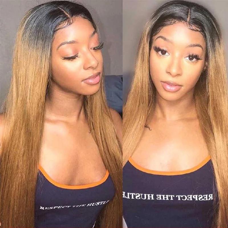 Colored wig with a side - part for a more flattering appearanceLumiere 1B/27 Ombre Straight 4x4/5x5/13x4 Lace Closure/Frontal 150%/180% Density Wigs For Women Pre Plucked