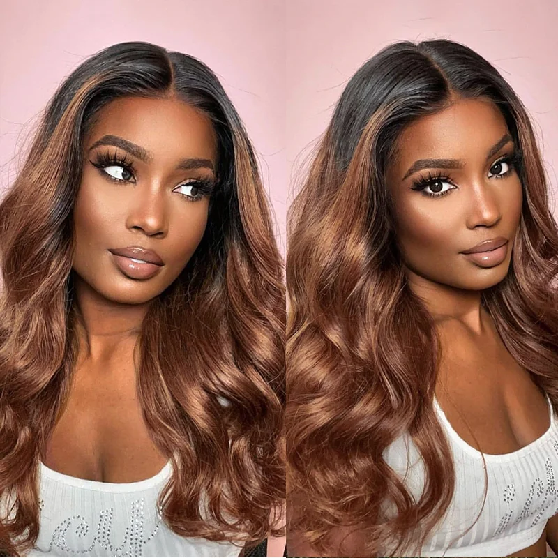 Colored wig in a vibrant pink color for a bold and eye - catching lookLumiere 1B/30 Ombre Body Wave 4x4/5x5/13x4 Lace Closure/Frontal 150%/180% Density Wigs For Women Pre Plucked