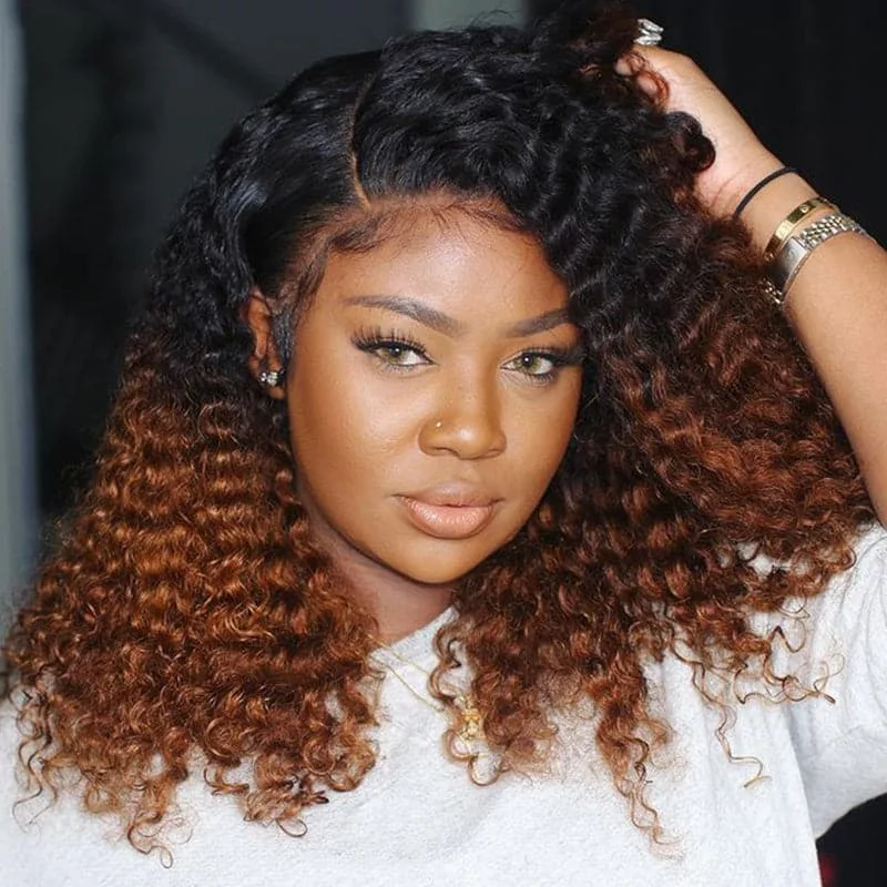 Colored wig with a side - part for a more flattering appearanceLumiere 1B/33 Ombre Kinky Curly 4x4/5x5/13x4 Lace Closure/Frontal 150%/180% Density Wigs For Women Pre Plucked