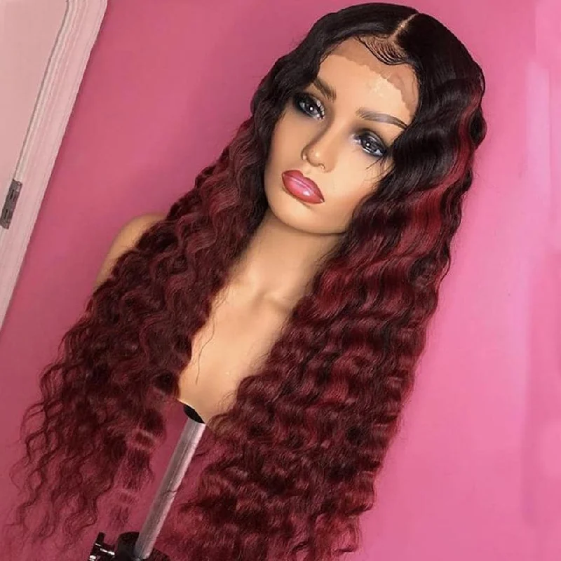 Colored wig with a pre - plucked hairline for a more natural lookLumiere 1B/99J Ombre Deep Wave 4x4/5x5/13x4 Lace Closure/Frontal 150%/180% Density Wigs For Women Pre Plucked