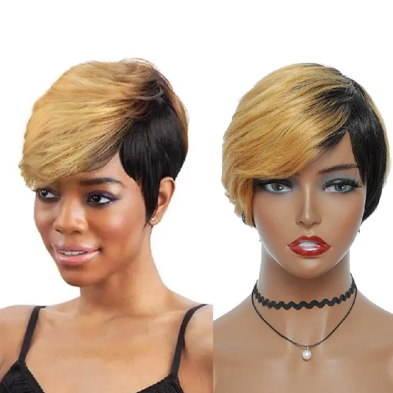 Colored wig with a side - part for a more flattering appearance#1B/27 Short Pixie Cut Straight Bob With Bangs Full Machine No Lace Human Hair Wig