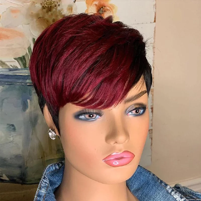 Colored wig with a curly texture for a bold and stylish choiceLumiere #1B/99J Short Pixie Cut Straight Bob With Bangs Full Machine No Lace Human Hair Wig