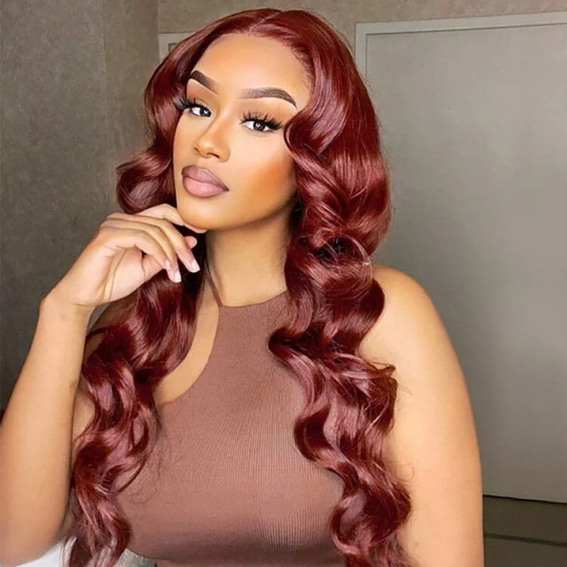 Synthetic colored wig with a heat - resistant formula for easy stylingMslynn Hair 33 Reddish Brown Auburn T Part Lace Wig Body Wave Human Hair Colored Wigs