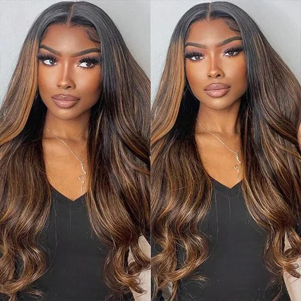 Colored wig with a pre - plucked hairline for a more natural lookHighlight Blonde Balayage 1B/30 Body Wave 13X4 Lace Front Human Hair Wigs