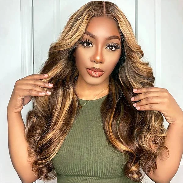 Colored wig with a wavy texture for a beachy and fun lookHoney Blonde Highlight Wig Body Wave 5x5 Pre Cut Lace Wigs Wear Go Glueless Wig