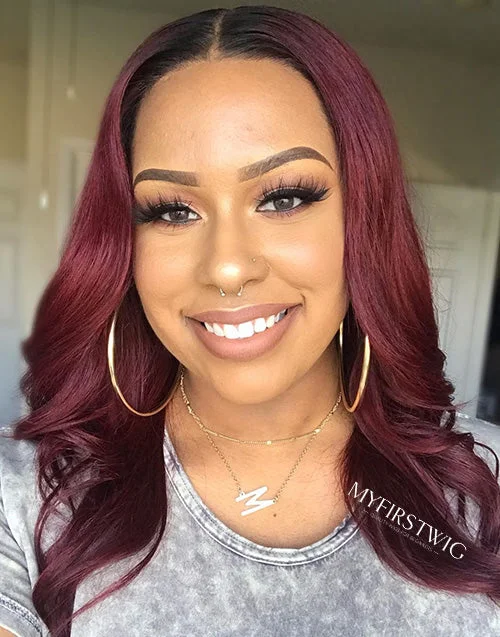 Colored wig with a purple - violet shade for a regal and elegant lookNYASIA - MALAYSIAN HAIR BURGUNDY OMBRE WAVY LACE FRONT WIG - LFW075