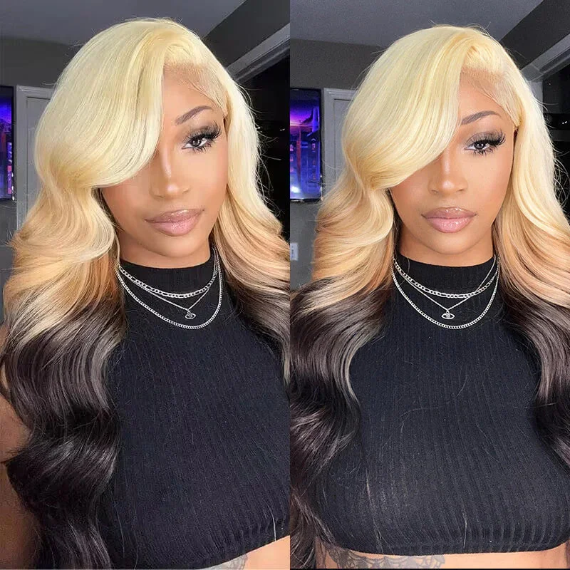 Colored wig with a straight texture for a sleek and minimalist look613 Blonde And Brown Ombre Lace Front Wigs Body Wave Human Hair Wigs Straight Hair Colored Wig