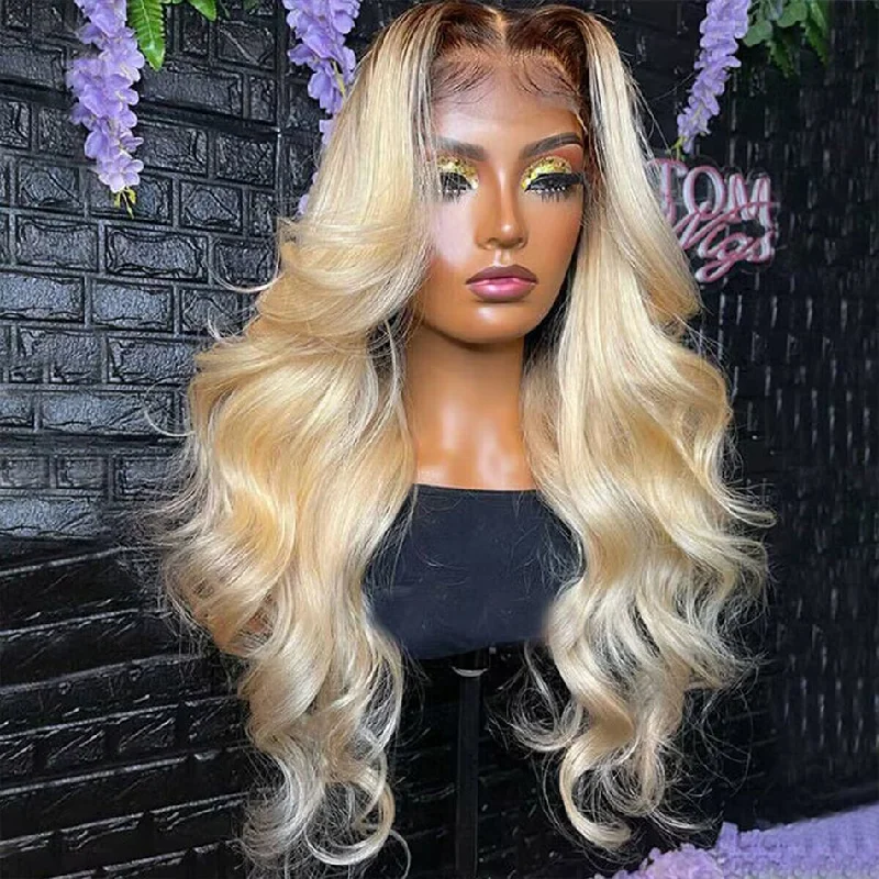 Colored wig with a pre - plucked hairline for a more natural lookOmbre Blonde Human Hair 13x4 Lace Front Wig With Brown Roots