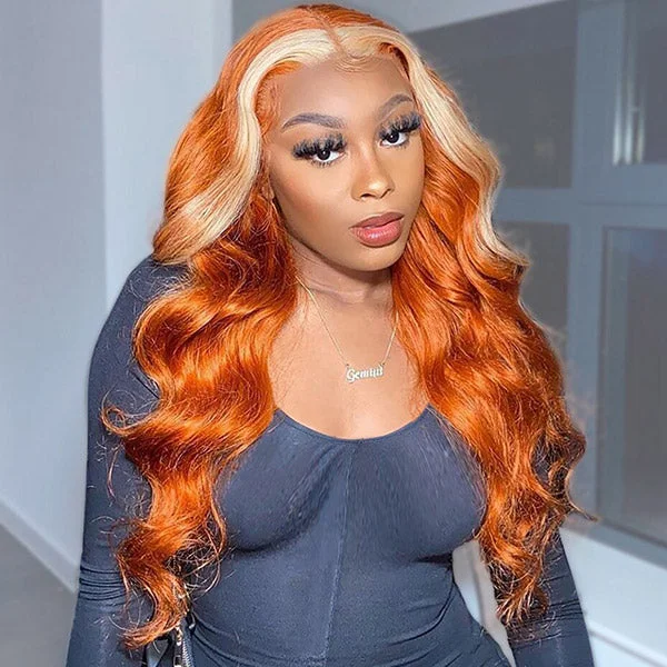 Colored wig in a vibrant pink color for a bold and eye - catching lookGinger Wig with Blonde Highlights 4x4 Lace Closure Wig Body Wave Human Hair Wigs