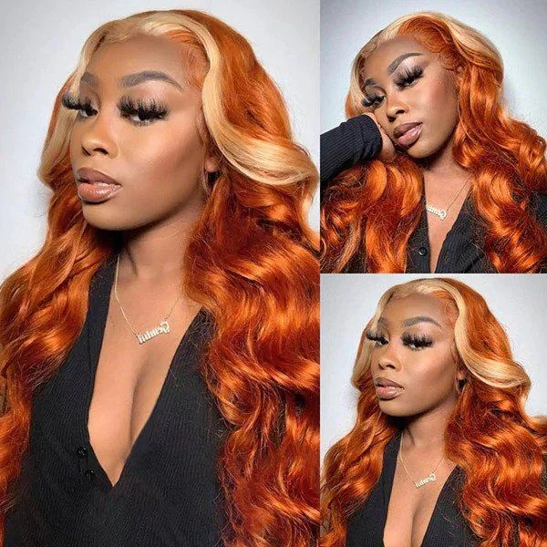 Colored wig with a middle - part for a classic and elegant styleGlueless Ginger Wigs 13x4 HD Lace Front Wig Body Wave Human Hair Wigs Highlight Blonde Colored Wig