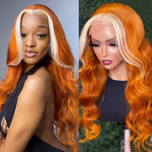 Colored wig with a silk - base cap for a comfortable and smooth feelGinger With Blonde Highlight Lace Front Wigs Ombre Body Wave Lace Part Human Hair Wigs