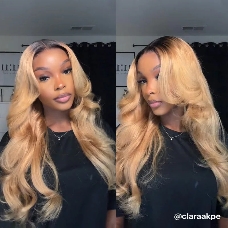 Colored wig with a wispy fringe for a soft and feminine lookOmbre Honey Blonde Wear Go Wig Pre Cut 6x5 HD Lace Straight And Body Wave Glueless Wigs