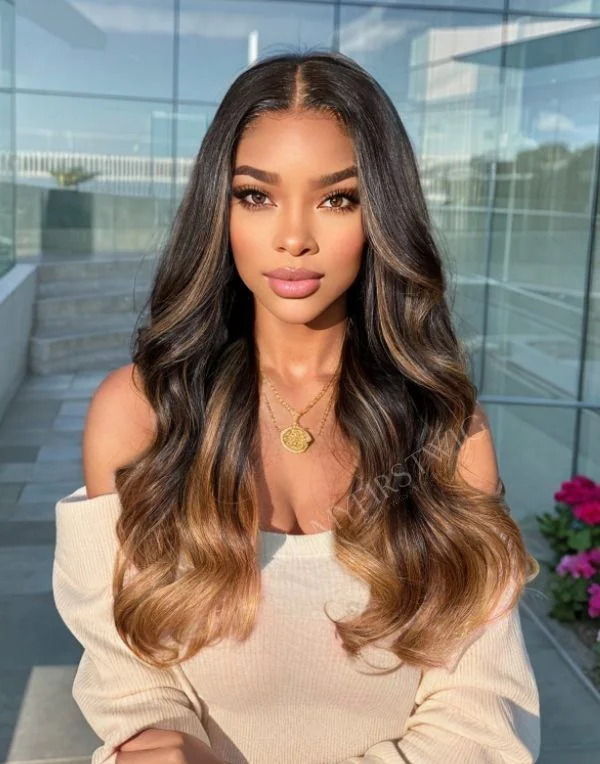 Colored wig with a 150 - density for a full and thick appearanceOpHair - Highlight Ombre Brown Wavy Glueless Invisible Lace Front Wig - OPH077