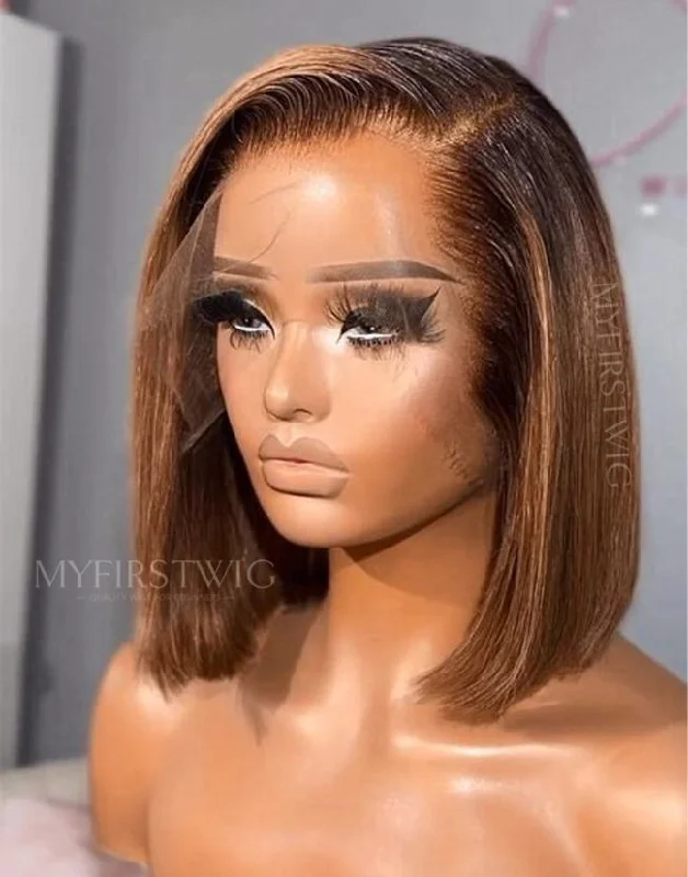 Colored wig with a pre - bleached knot for a natural - looking scalpOpHair - Ombre Brown Bob Glueless Invisible Lace Front Wig - OPH013