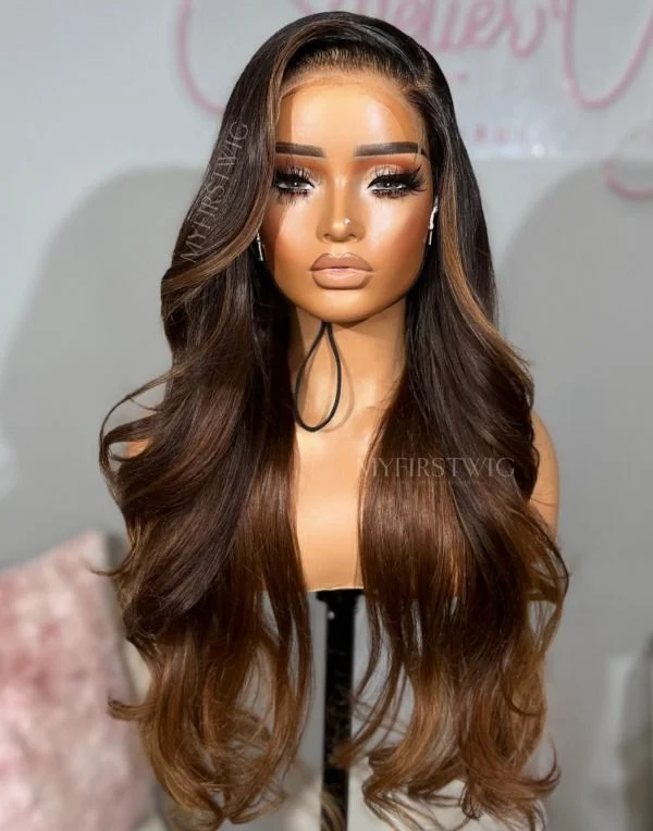 Colored wig with a straight texture for a sleek and minimalist lookOphair - Ombre Brown Loose Wave Glueless Human Hair Lace Front Wig - OPH057