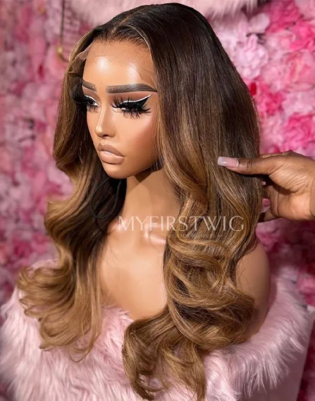 Colored wig with a pre - plucked hairline for a more natural lookOpHair - Ombre Brown Wavy Glueless Invisible Lace Front Wig - OPH030